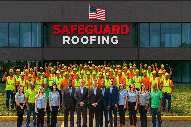 Safeguard Roofing office crew standing in front of headquarters with executives, customer service staff, and roofing workers under the company sign and American flag.